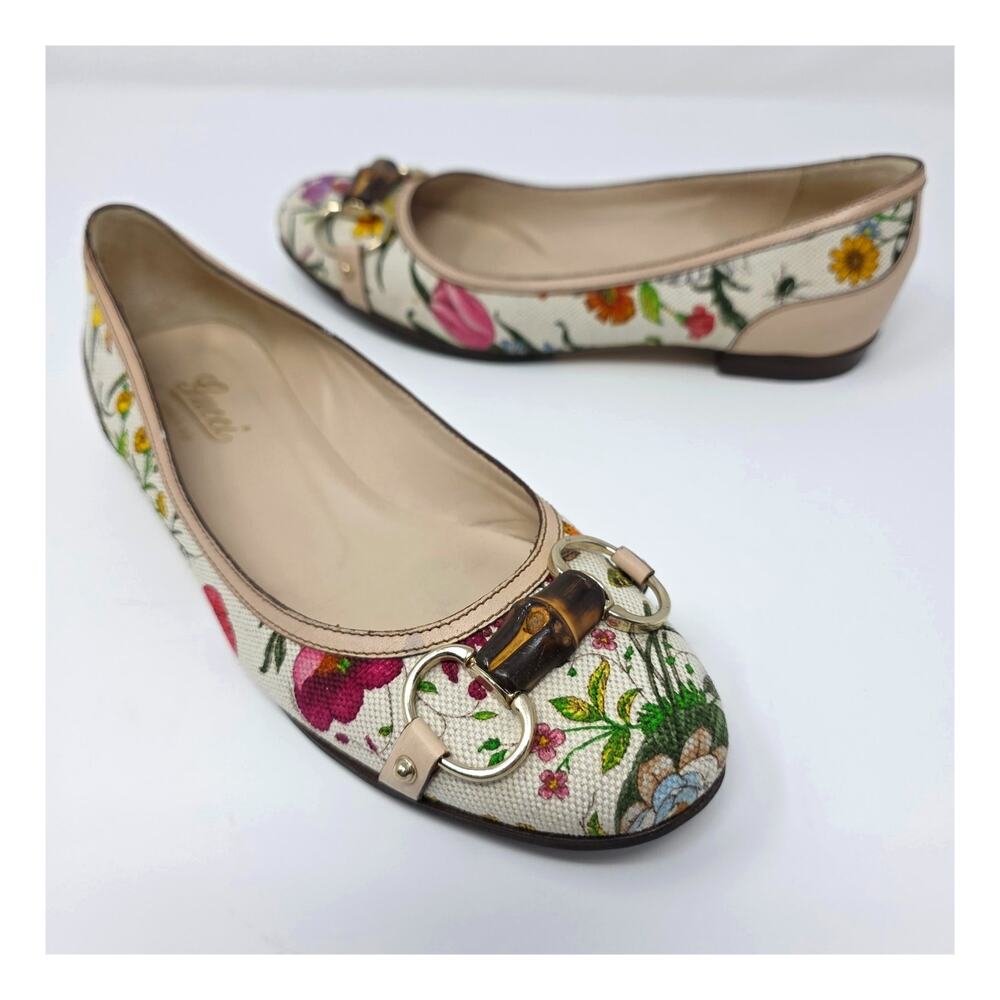 Gucci Horsebit Ballerina Floral Vintage Bamboo Flats Canvas Leather IT 36C 6